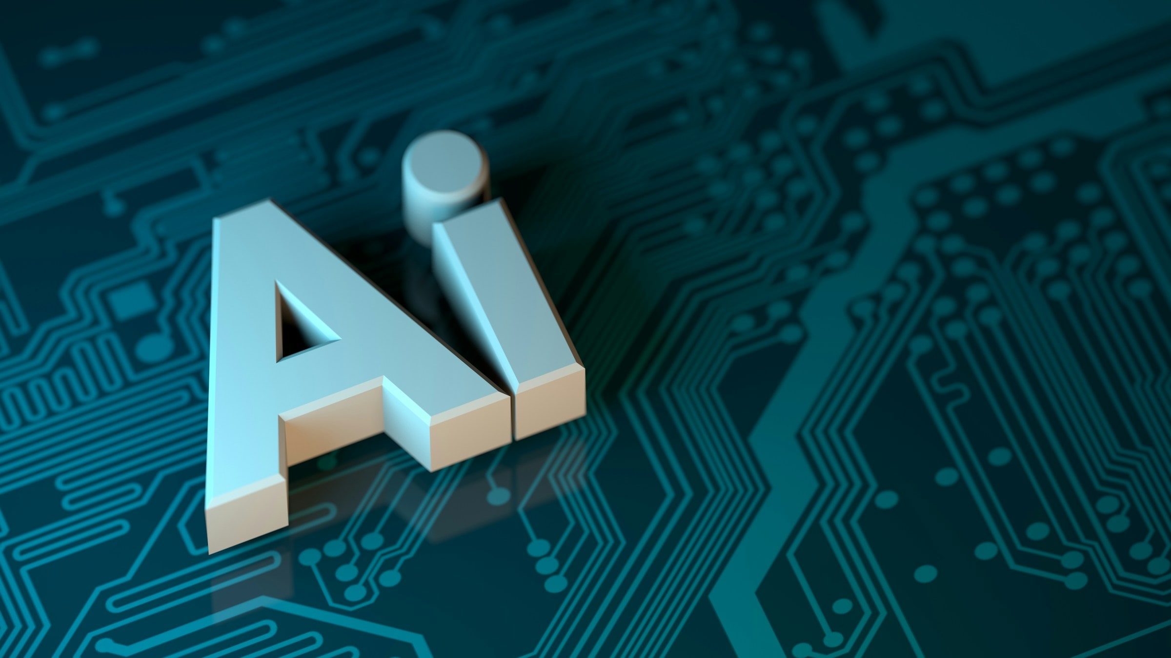 The letters AI rising from a circuit board